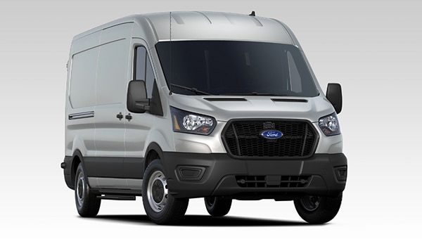 Fourgonnette électrique Ford E-Transit de couleur argent garée et prête à être utilisée par un parc.